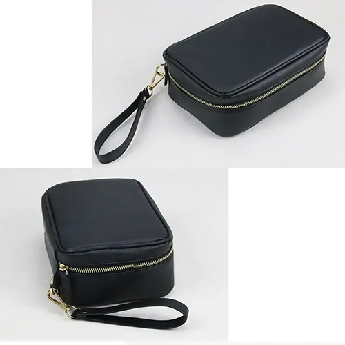 Minimalist black PU leather travel makeup organizer bag with structured design
